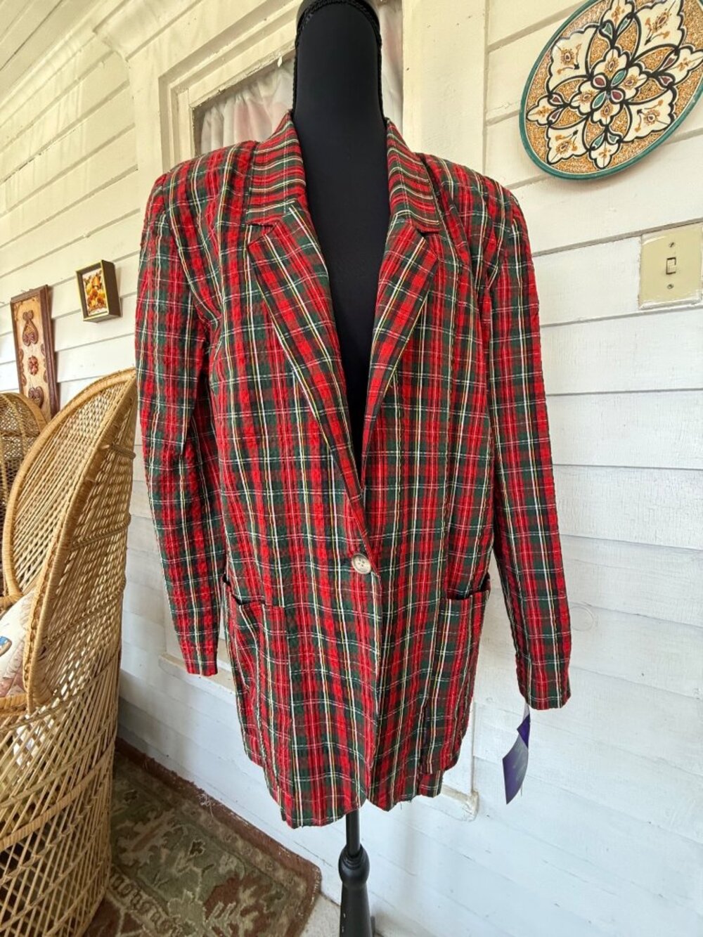 Vintage 80s Tofy Cotton Seer Sucker Tartan Red Plaid Womens Blazer NWT Sz10